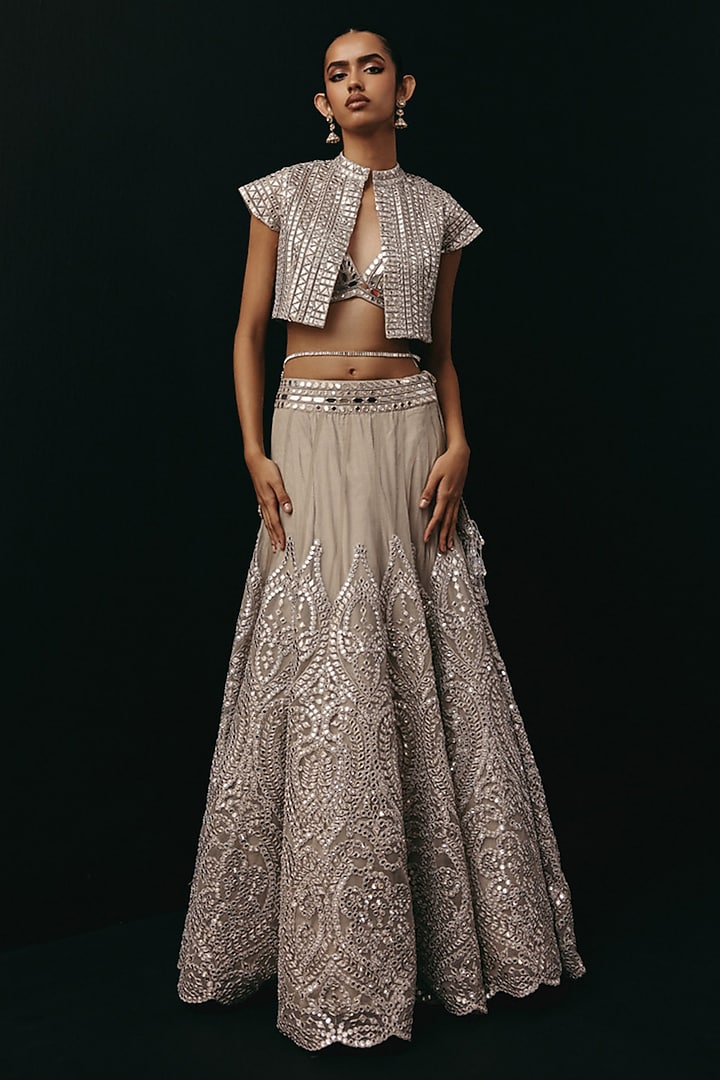 Silver Net Mirror Work Jacket Wedding Lehenga Set by Twenty Nine at Pernia's Pop Up Shop