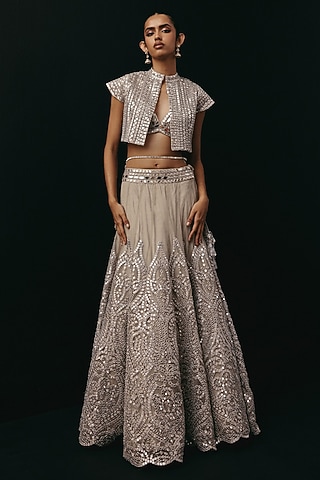Silver Net Mirror Work Jacket Lehenga Set by Twenty Nine