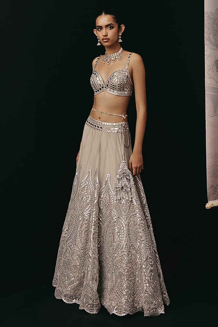 Silver Net Mirror Work Jacket Wedding Lehenga Set by Twenty Nine at Pernia's Pop Up Shop