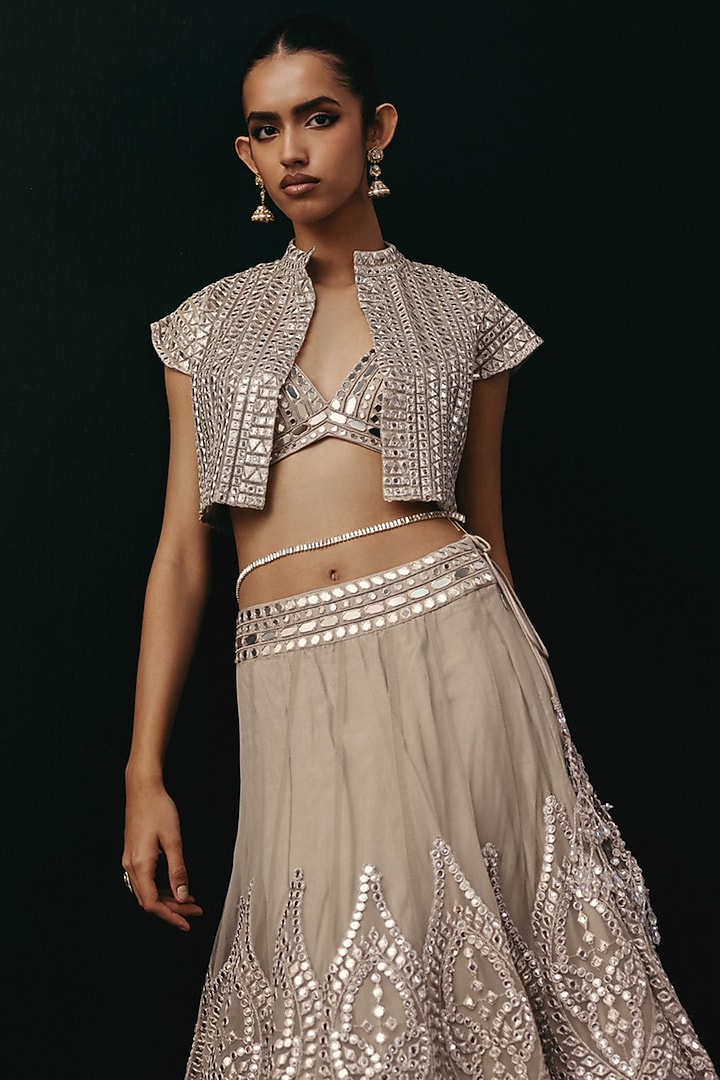 Silver Net Mirror Work Jacket Wedding Lehenga Set by Twenty Nine at Pernia's Pop Up Shop