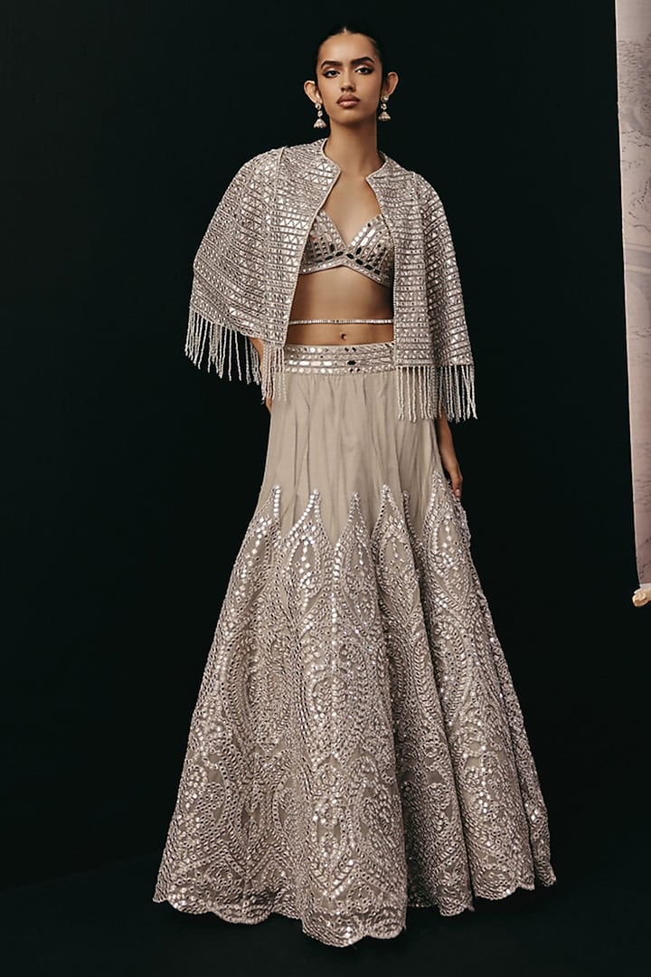 Silver Net Mirror Work Jacket Wedding Lehenga Set by Twenty Nine at Pernia's Pop Up Shop