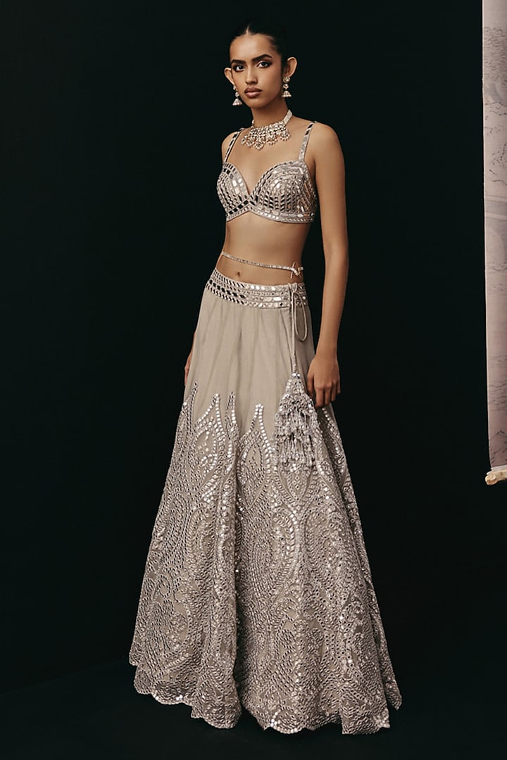 Silver Net Mirror Work Jacket Wedding Lehenga Set by Twenty Nine at Pernia's Pop Up Shop