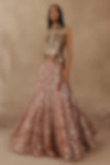 Rust Net Mirror Work Fish-Cut Wedding Lehenga Set by Twenty Nine at Pernia's Pop Up Shop