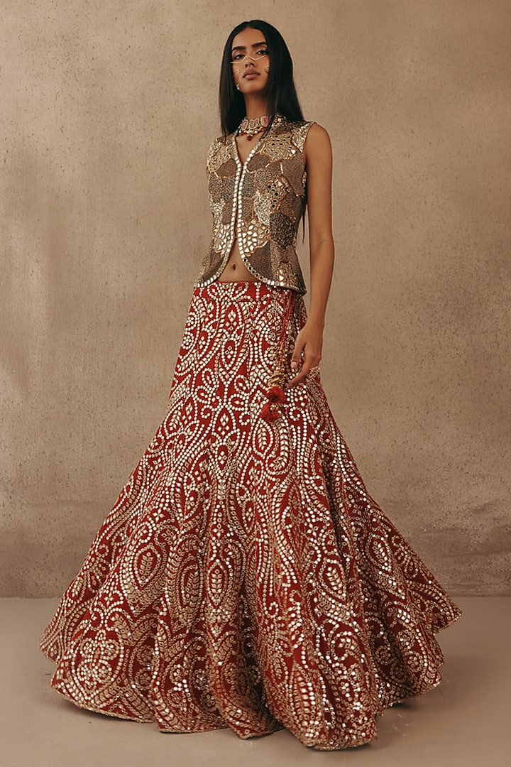 Rust Net Mirror Work Fish-Cut Wedding Lehenga Set by Twenty Nine at Pernia's Pop Up Shop