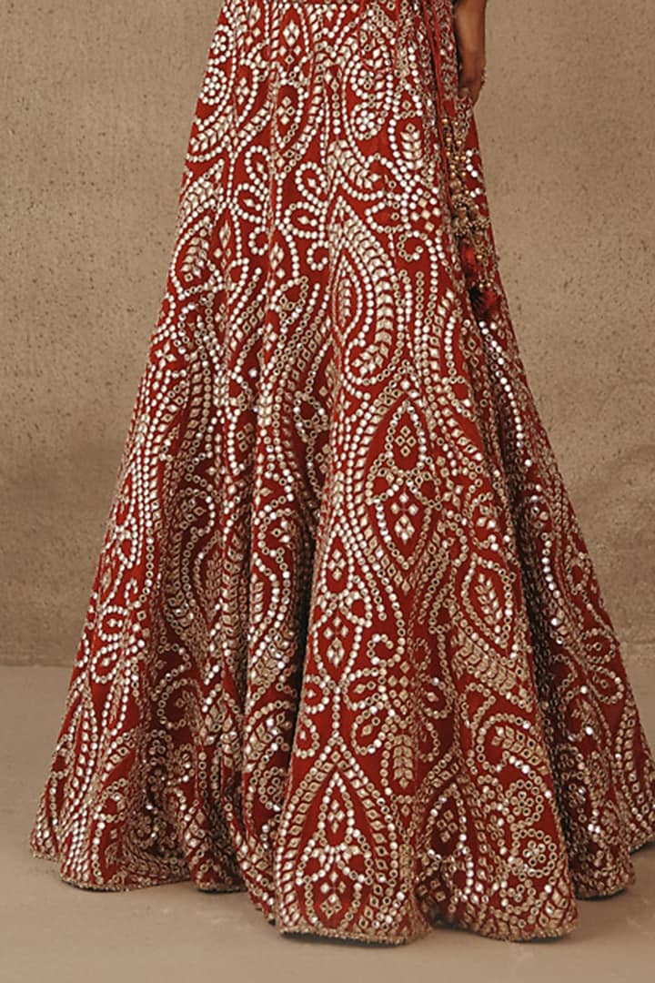 Rust Net Mirror Work Fish-Cut Wedding Lehenga Set by Twenty Nine at Pernia's Pop Up Shop