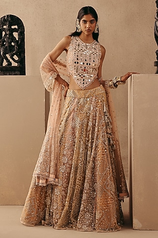 Multi-Colored Net Mirror Work Conical Lehenga Set by Twenty Nine