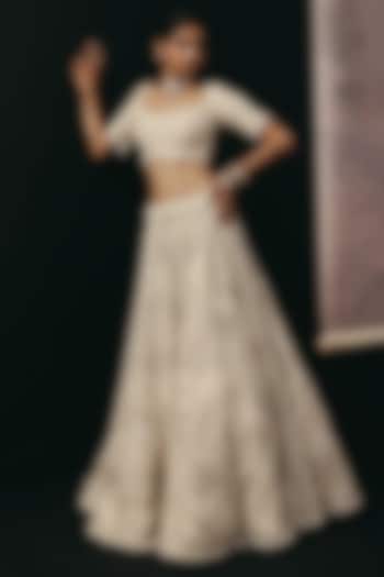 Ivory Net Mirror & Pearl Work Wedding Lehenga Set by Twenty Nine at Pernia's Pop Up Shop