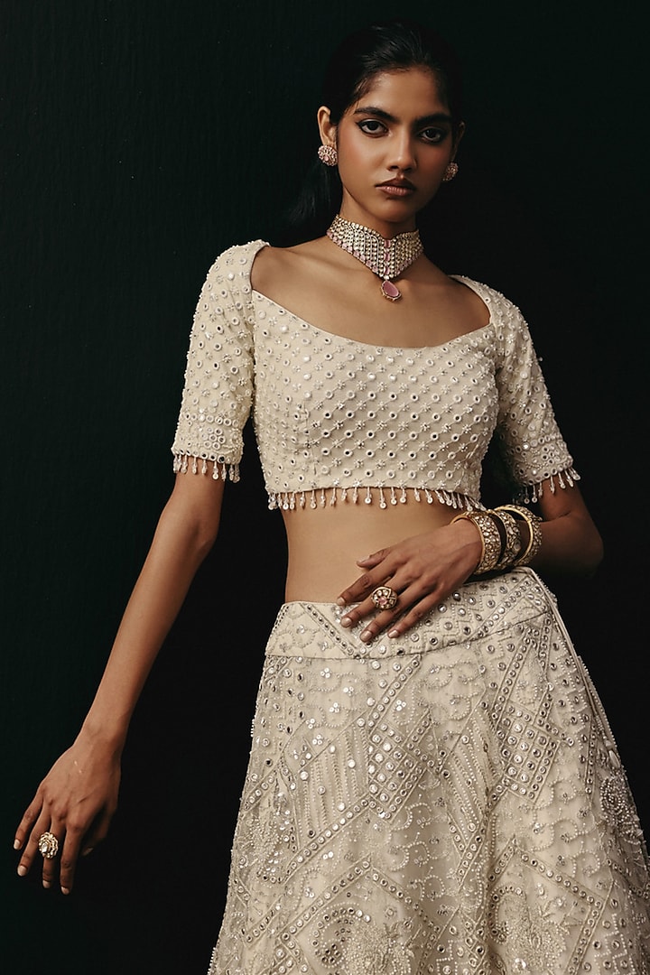 Ivory Net Mirror & Pearl Work Wedding Lehenga Set by Twenty Nine at Pernia's Pop Up Shop