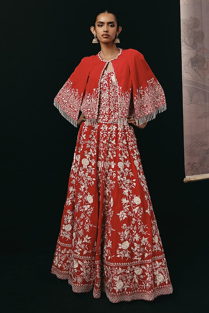 Red Crepe Silk Mirror & Beads Work Bridal Lehenga Set by Twenty Nine at Pernia's Pop Up Shop