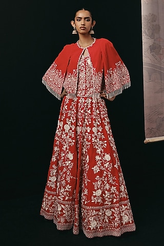 Red Crepe Silk Mirror & Beads Work Lehenga Set by Twenty Nine