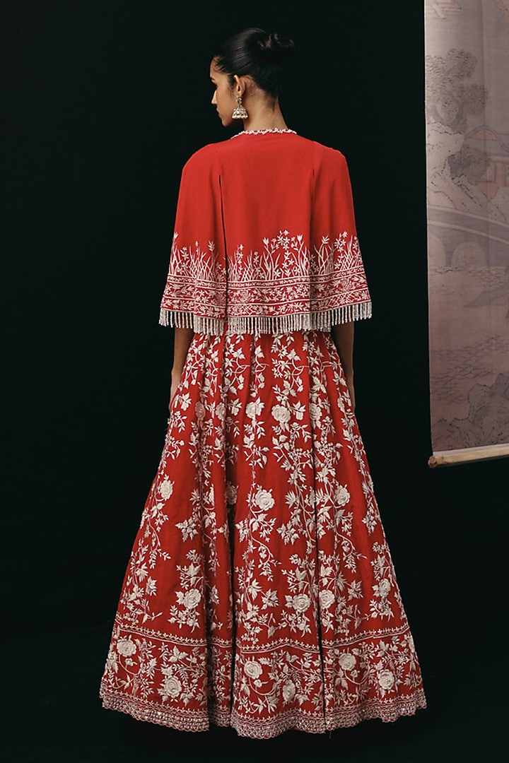 Red Crepe Silk Mirror & Beads Work Bridal Lehenga Set by Twenty Nine at Pernia's Pop Up Shop