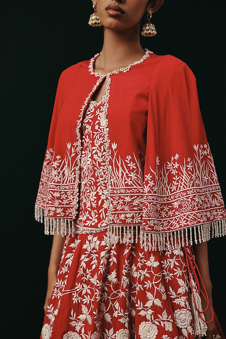 Red Crepe Silk Mirror & Beads Work Bridal Lehenga Set by Twenty Nine at Pernia's Pop Up Shop