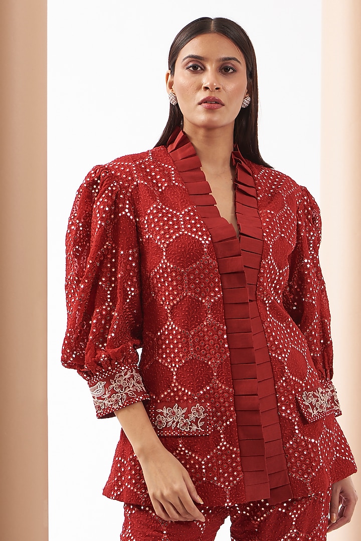 Red Georgette Lucknowi Embroidered Jacket by Twenty Nine