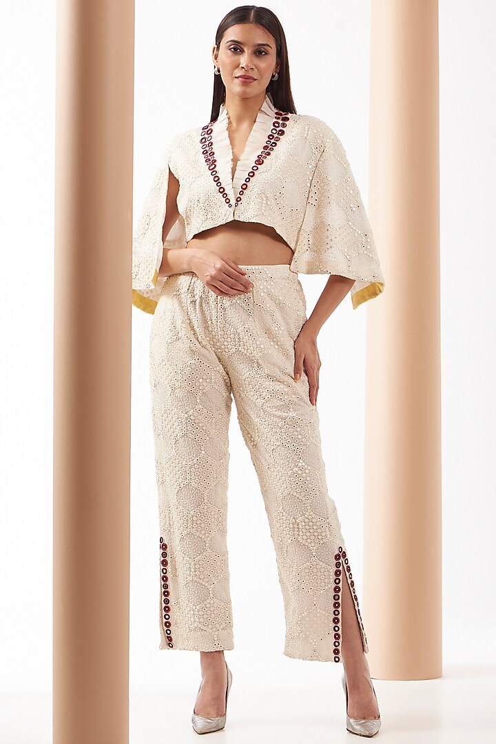White Georgette Chevron Embroidered Cropped Jacket by Twenty Nine at Pernia's Pop Up Shop
