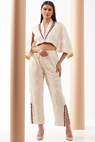 White Georgette Chevron Embroidered Cropped Jacket by Twenty Nine