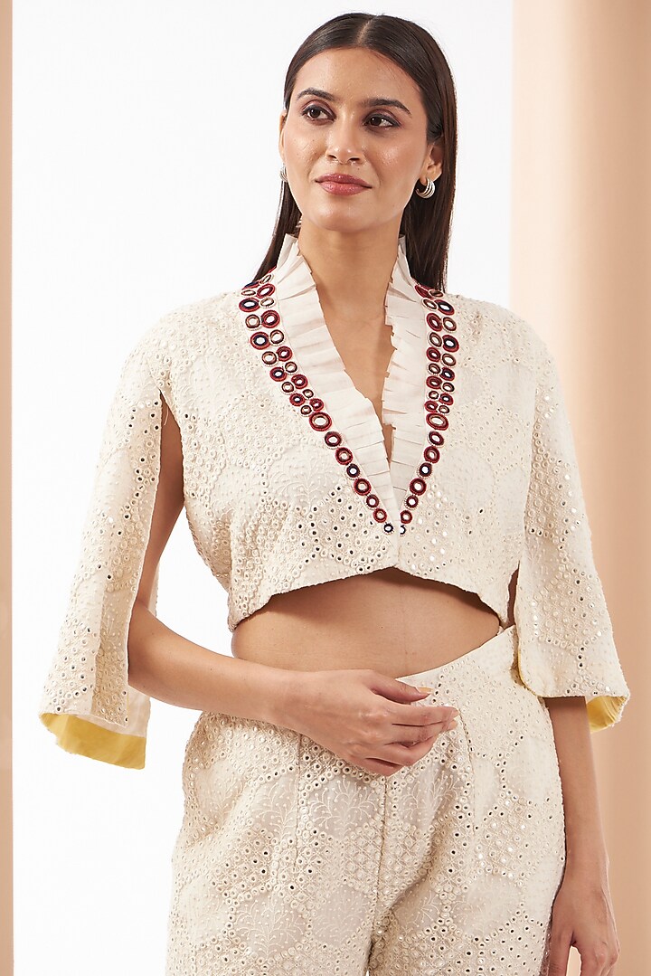 White Georgette Chevron Embroidered Cropped Jacket by Twenty Nine at Pernia's Pop Up Shop