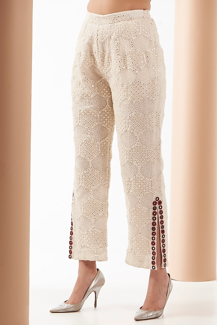 White Georgette Chevron Embroidered Pants by Twenty Nine