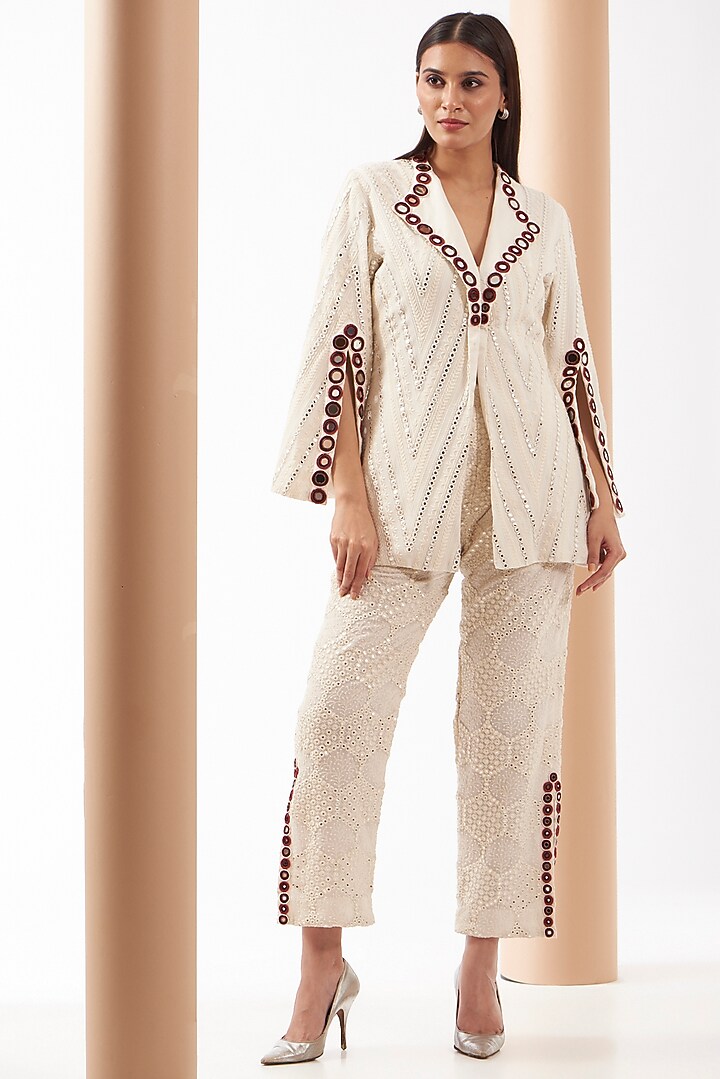 White Georgette Chevron Embroidered Jacket by Twenty Nine at Pernia's Pop Up Shop