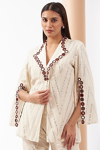 White Georgette Chevron Embroidered Jacket by Twenty Nine