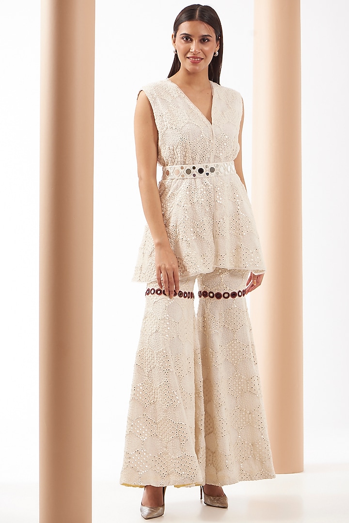 White Georgette Chevron Embroidered Peplum Jacket by Twenty Nine at Pernia's Pop Up Shop