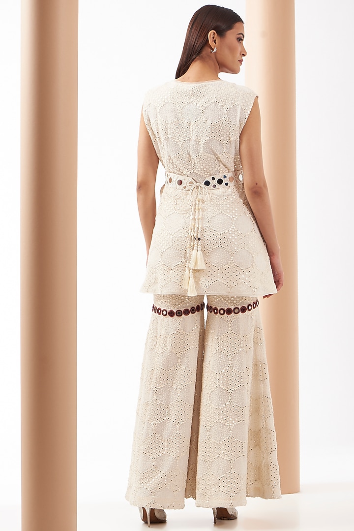 White Georgette Chevron Embroidered Peplum Jacket by Twenty Nine at Pernia's Pop Up Shop