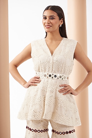 White Georgette Chevron Embroidered Peplum Jacket by Twenty Nine
