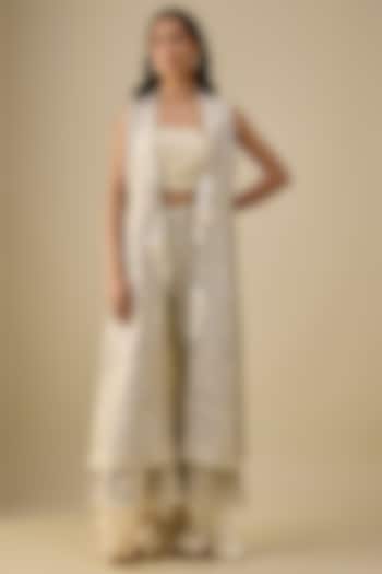 Off-White Georgette 3D Embellished Long Jacket by Twenty Nine at Pernia's Pop Up Shop