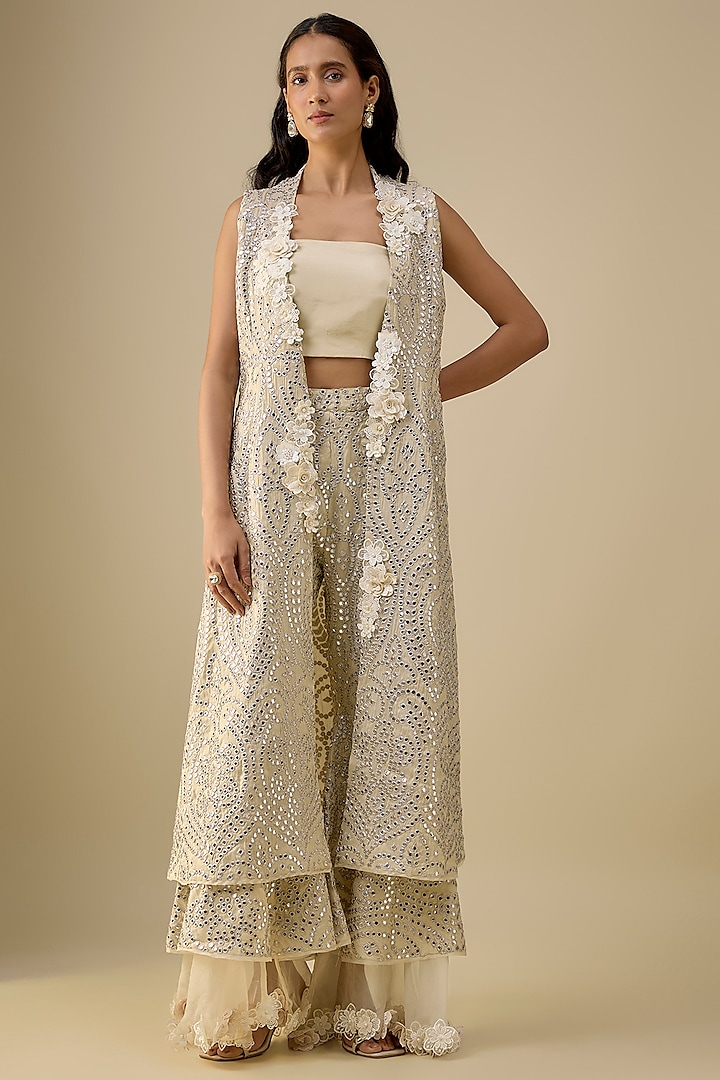 Off-White Georgette 3D Embellished Long Jacket by Twenty Nine at Pernia's Pop Up Shop