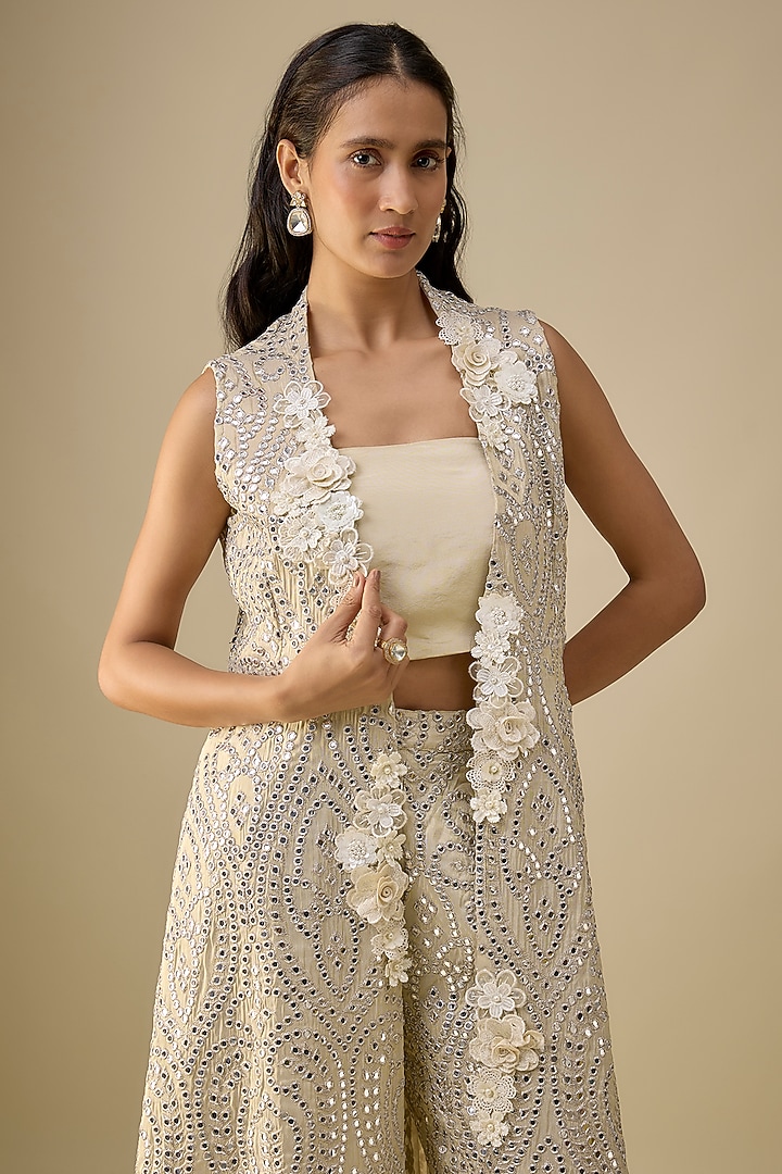 Off-White Georgette 3D Embellished Long Jacket by Twenty Nine at Pernia's Pop Up Shop