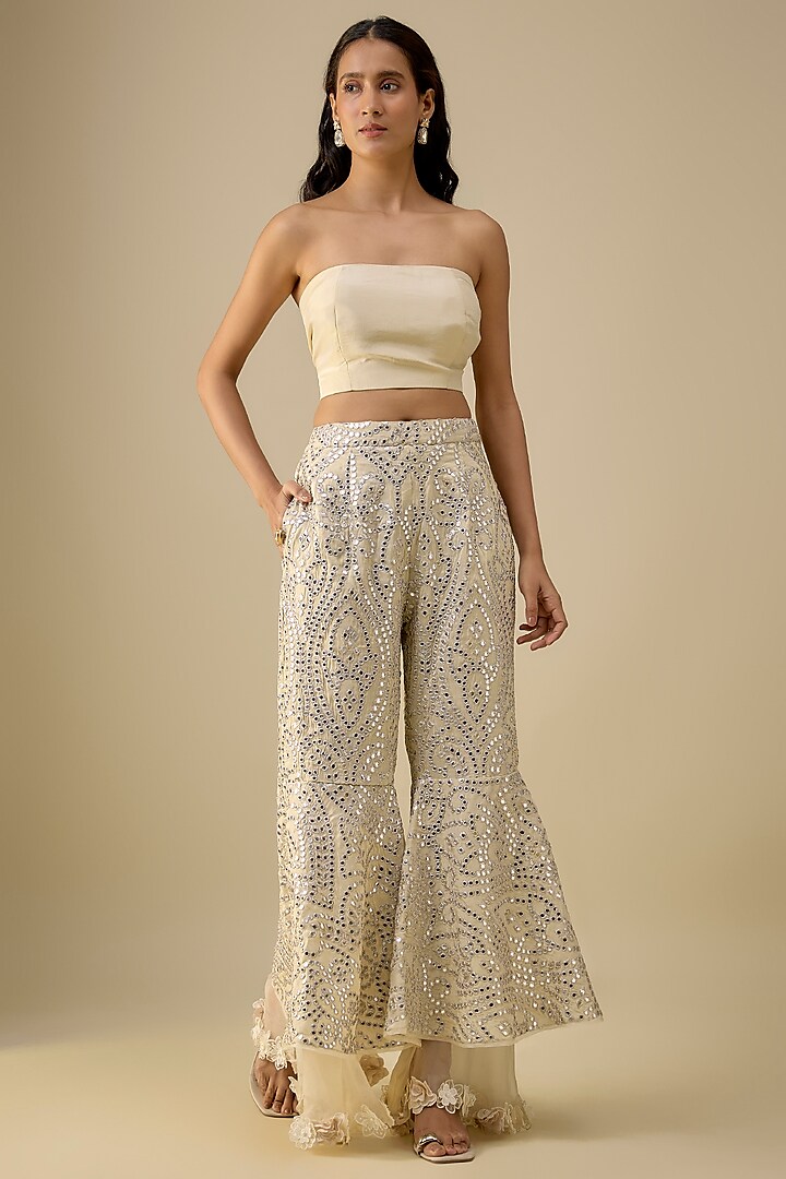 Off-White Georgette 3D Embellished Sharara Pants by Twenty Nine at Pernia's Pop Up Shop
