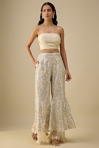 Off-White Georgette 3D Embellished Sharara Pants by Twenty Nine