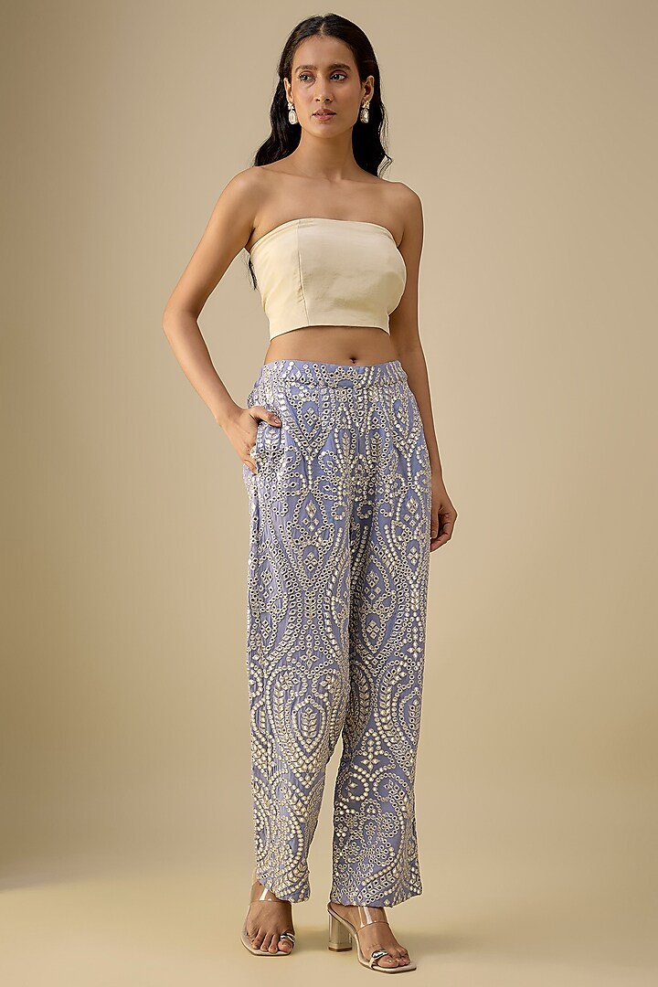Ice Blue Georgette Chikankari Straight Pants by Twenty Nine at Pernia's Pop Up Shop