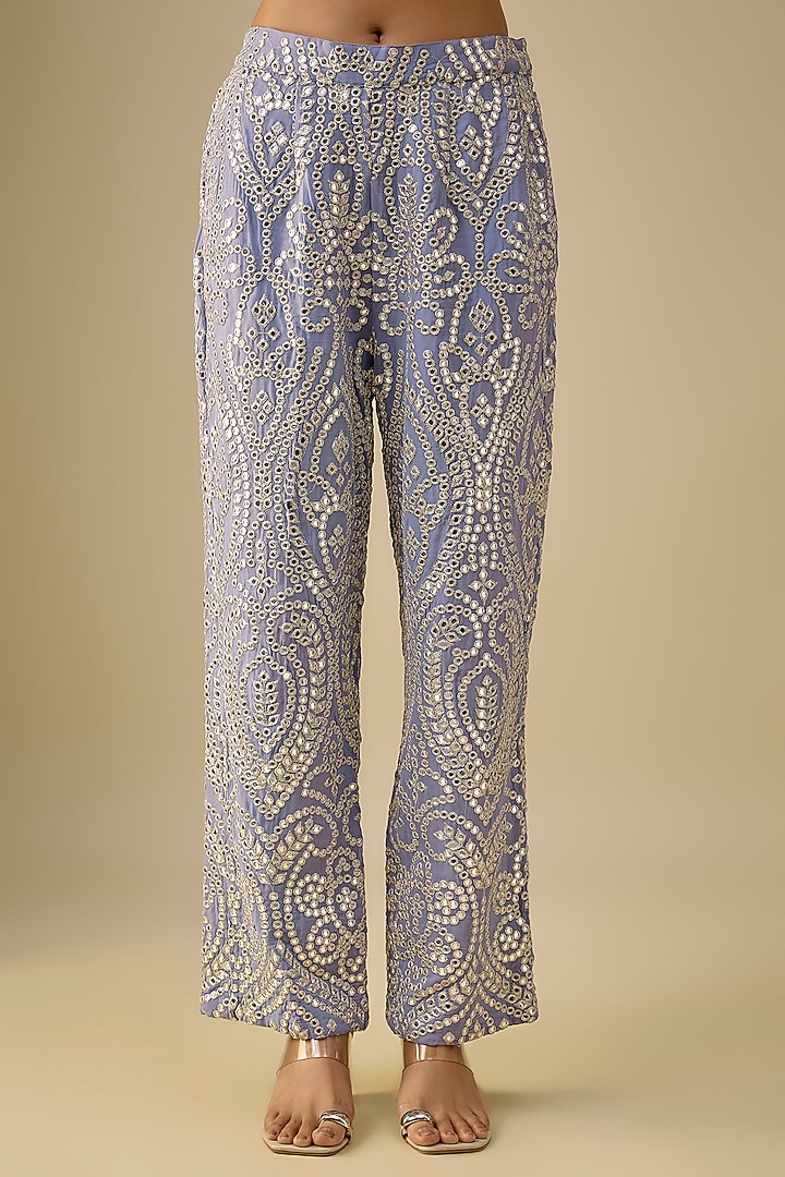 Ice Blue Georgette Chikankari Straight Pants by Twenty Nine at Pernia's Pop Up Shop