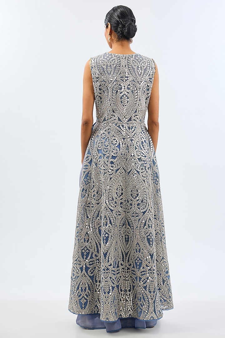 Blue Tulle Zari Mirror Work Sleeveless Jacket by Twenty Nine at Pernia's Pop Up Shop