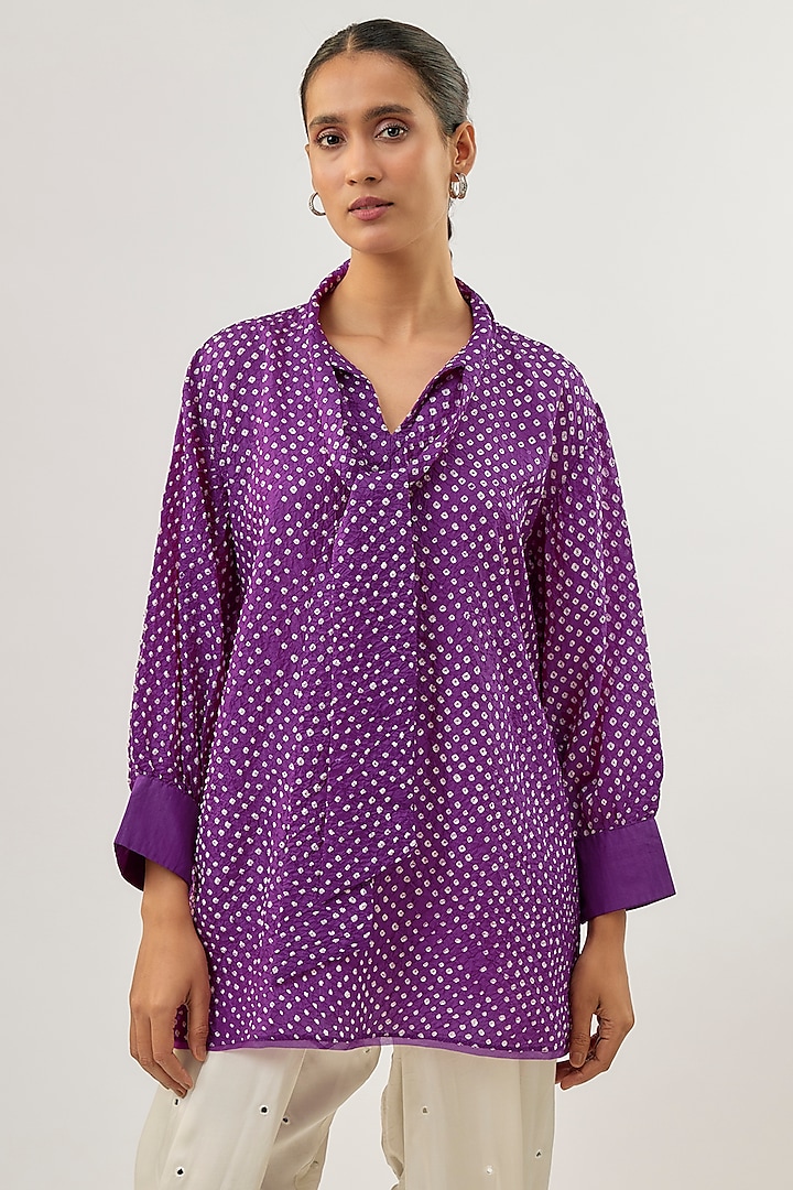Purple Silk Bandhani Knotted Shirt by Twenty Nine at Pernia's Pop Up Shop