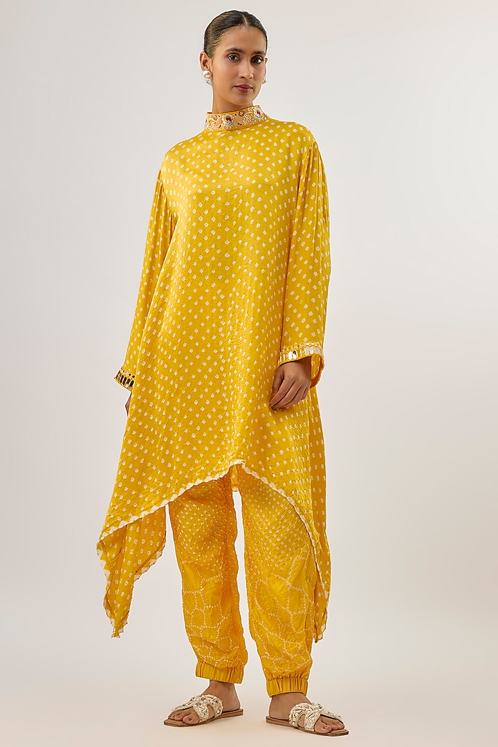 Yellow Gajji Silk Bandhani Tunic by Twenty Nine at Pernia's Pop Up Shop