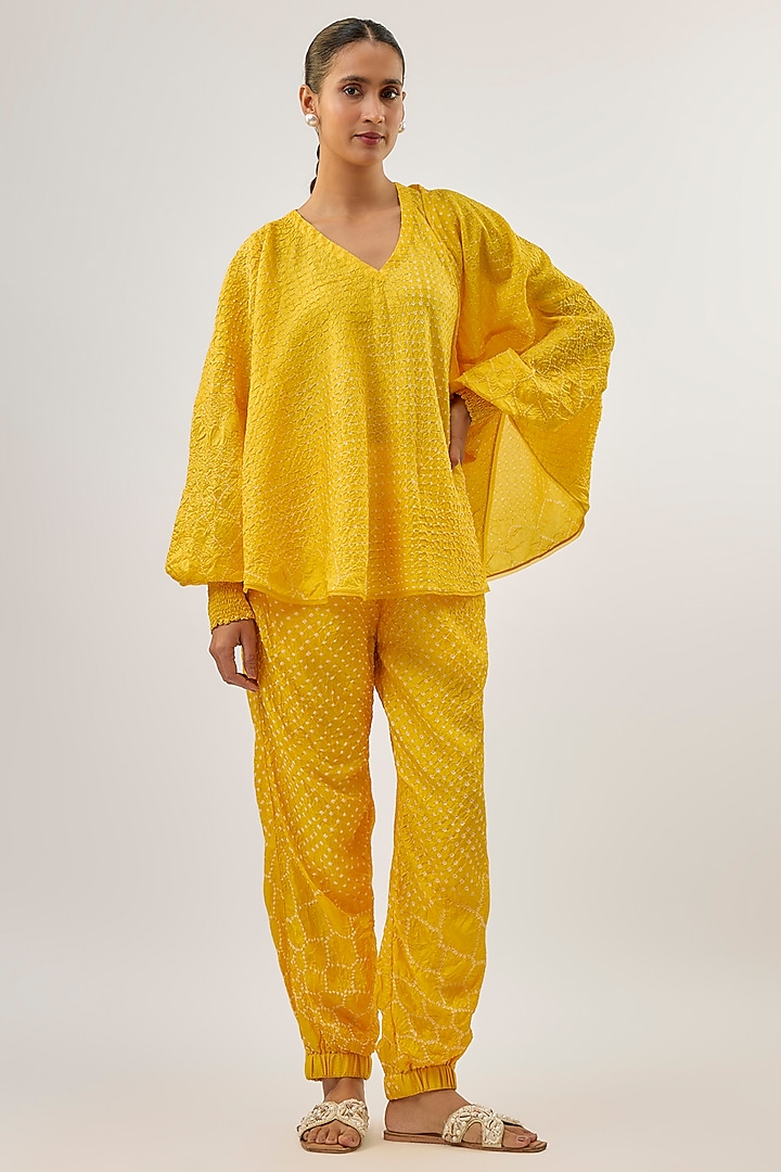 Yellow Silk Bandhani Jogger Pants by Twenty Nine at Pernia's Pop Up Shop