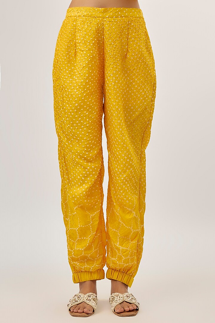 Yellow Silk Bandhani Jogger Pants by Twenty Nine at Pernia's Pop Up Shop