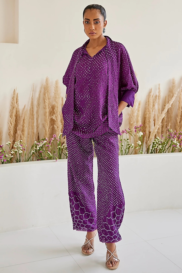 Purple Crushed Silk Bandhani Tie-Dyed Palazzo Pants by Twenty Nine at Pernia's Pop Up Shop