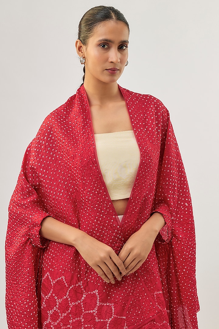Red Silk Bandhani Cape Top by Twenty Nine at Pernia's Pop Up Shop