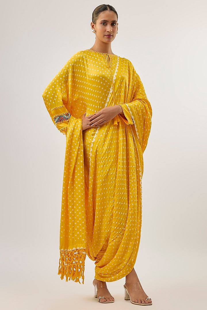 Yellow Silk Mirror Work Draped Tunic by Twenty Nine at Pernia's Pop Up Shop