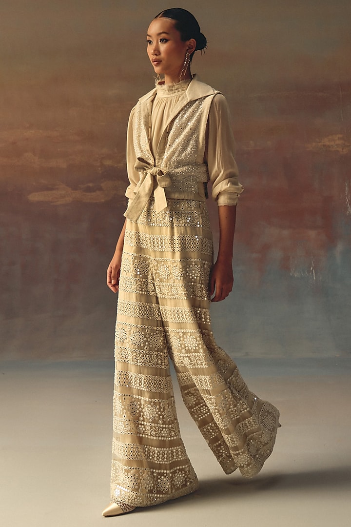 Ivory Georgette High-Neck Gathered Shirt by Twenty Nine at Pernia's Pop Up Shop
