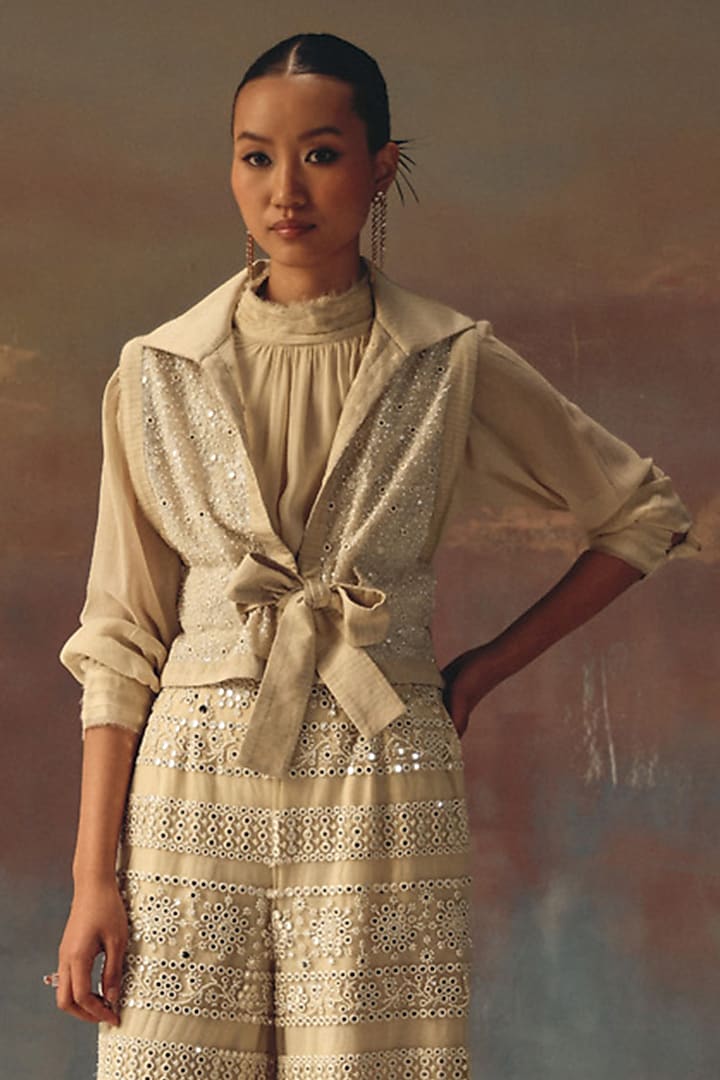 Ivory Georgette High-Neck Gathered Shirt by Twenty Nine at Pernia's Pop Up Shop
