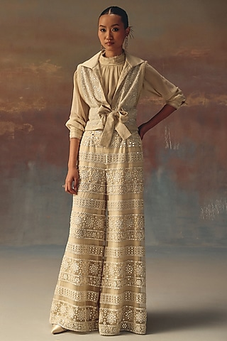Ivory Soft Net Mirror Work Palazzo by Twenty Nine