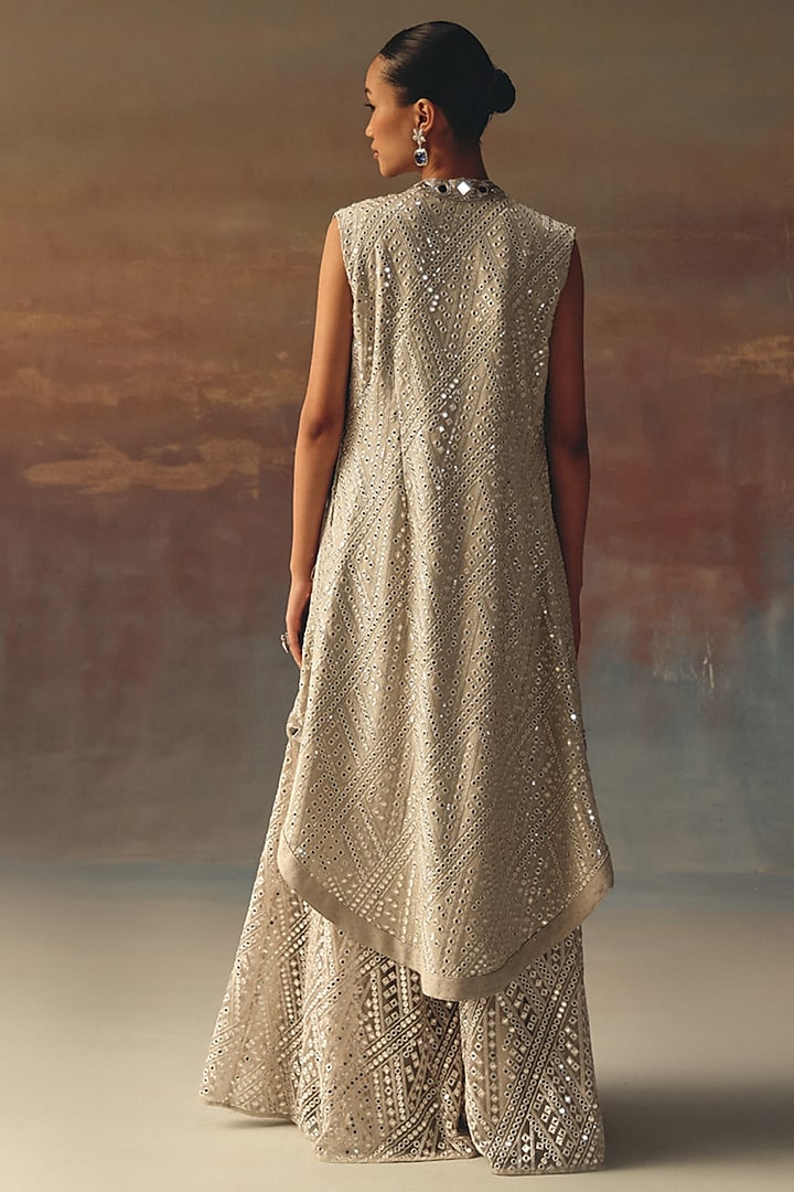 Silver Georgette Mirror Work Long Jacket by Twenty Nine at Pernia's Pop Up Shop