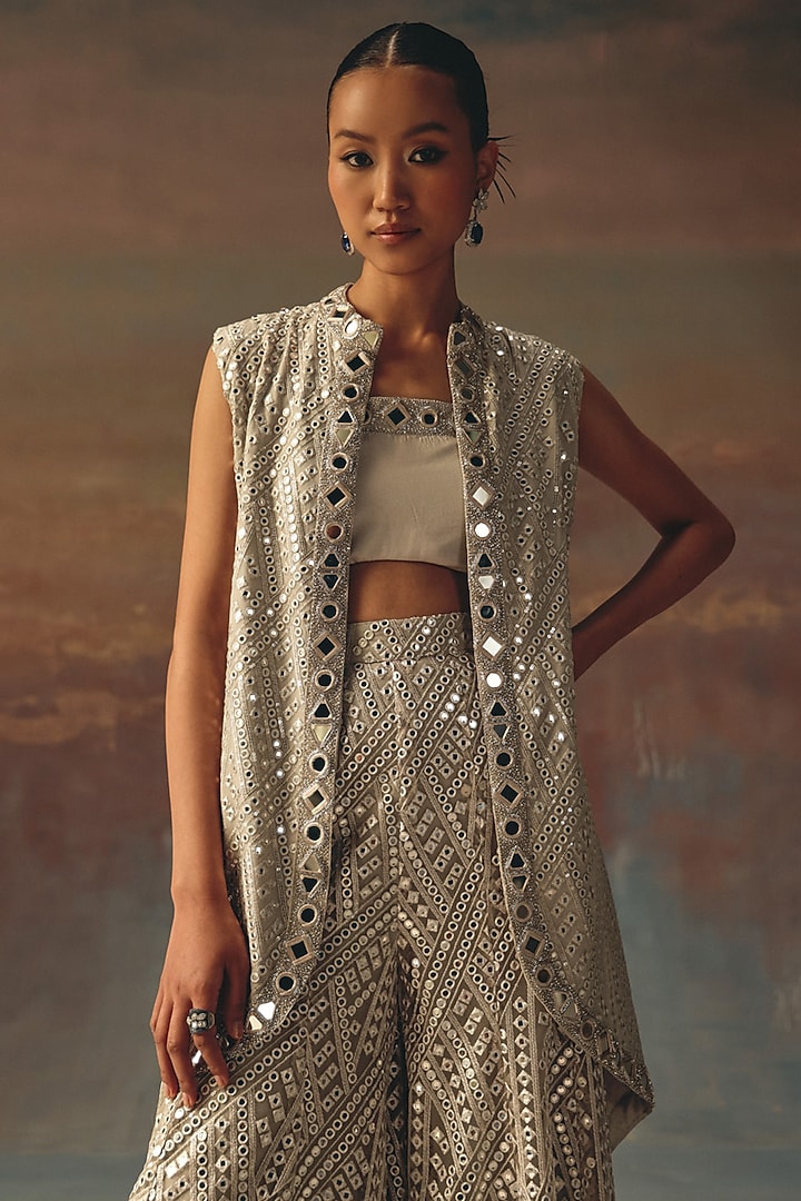 Silver Georgette Mirror Work Long Jacket by Twenty Nine at Pernia's Pop Up Shop