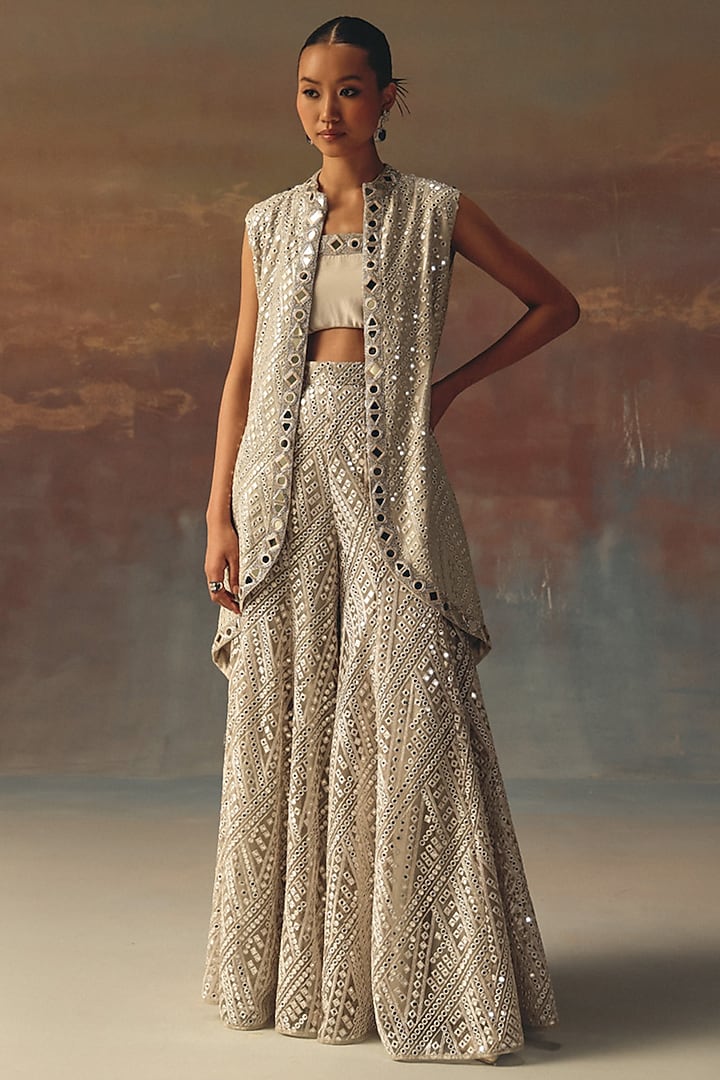 Silver Soft Net Mirror Work Flared Sharara Pant by Twenty Nine at Pernia's Pop Up Shop