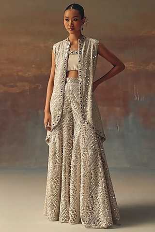 Silver Soft Net Mirror Work Flared Sharara Pant by Twenty Nine
