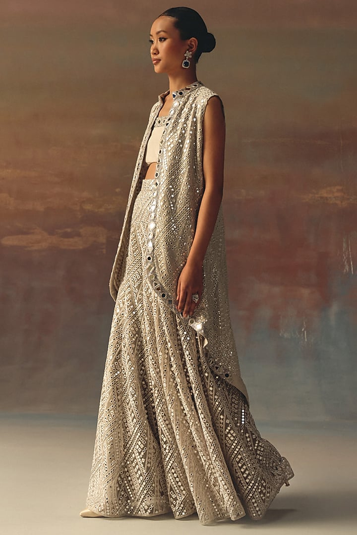 Silver Soft Net Mirror Work Flared Sharara Pant by Twenty Nine at Pernia's Pop Up Shop