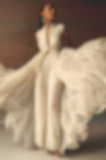 Ivory Soft Net Mirror Work Backless Anarkali Jacket by Twenty Nine at Pernia's Pop Up Shop